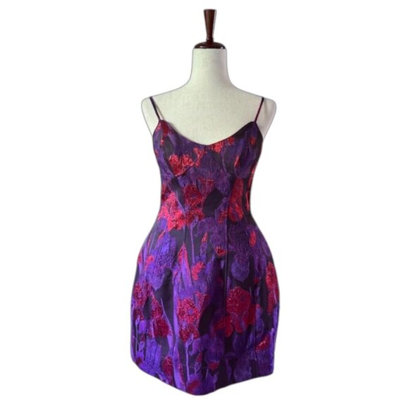 Liv Foster Designer Floral Jacquard Fit & Flare Corset Mini Dress Purple SIZE 10 - Picture 4 of 15